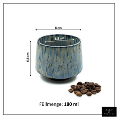 Cappuccino Tasse mit Abmessungen. Füllmenge 180ml, Höhe 6,6cm, breiteste Stelle 8cm, Öffnung 6,8cm