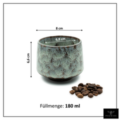 Cappuccino Tasse mit Abmessungen. Füllmenge 180ml, Höhe 6,6cm, breiteste Stelle 8cm, Öffnung 6,8cm
