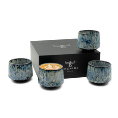 Cappuccino-Tassen-Set Tibet Blau: vier Steinguttassen à 180 ml mit Geschenkverpackung