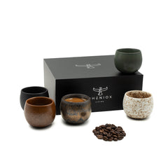 Espressotassen Set Timeout mit 5er Pack 90 oder 50 ml Tassen in verschieden bunten Farben, grün, braun, schwarz, bronze gesprenkelt und weiß gesprenkelt inkl. hochwertiger Geschenkverpackung