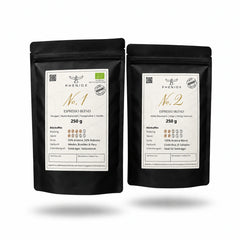 PHENIOX Espresso-Probierpaket mit No. 1 und No. 2, zwei freigestellte Packungen mit weichen Schatten