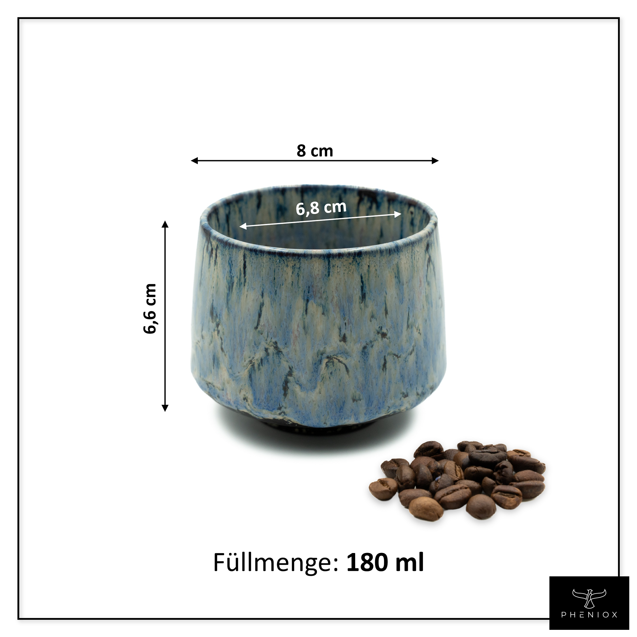 Cappuccino Tasse mit Abmessungen. Füllmenge 180ml, Höhe 6,6cm, breiteste Stelle 8cm, Öffnung 6,8cm