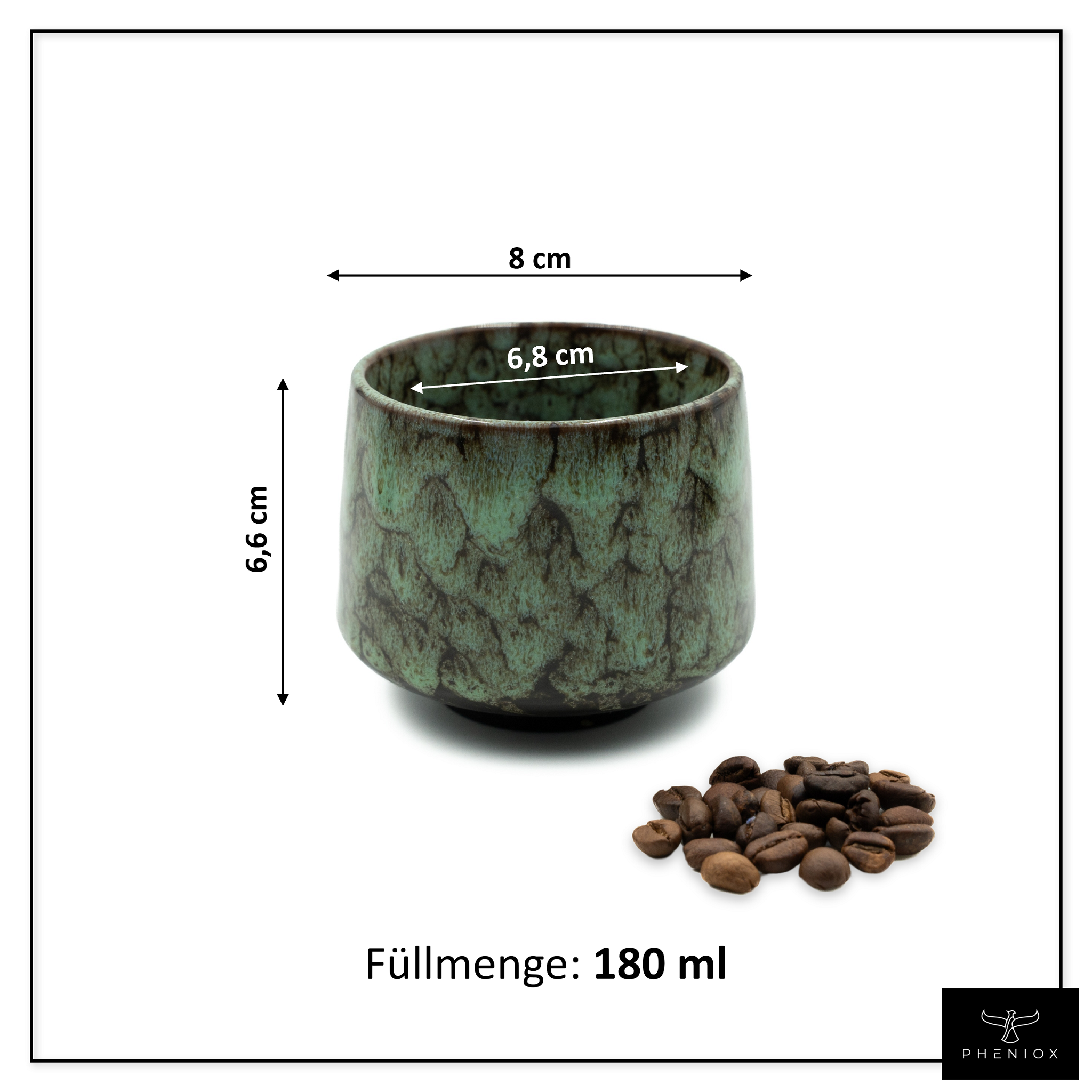Cappuccino Tasse mit Abmessungen. Füllmenge 180ml, Höhe 6,6cm, breiteste Stelle 8cm, Öffnung 6,8cm