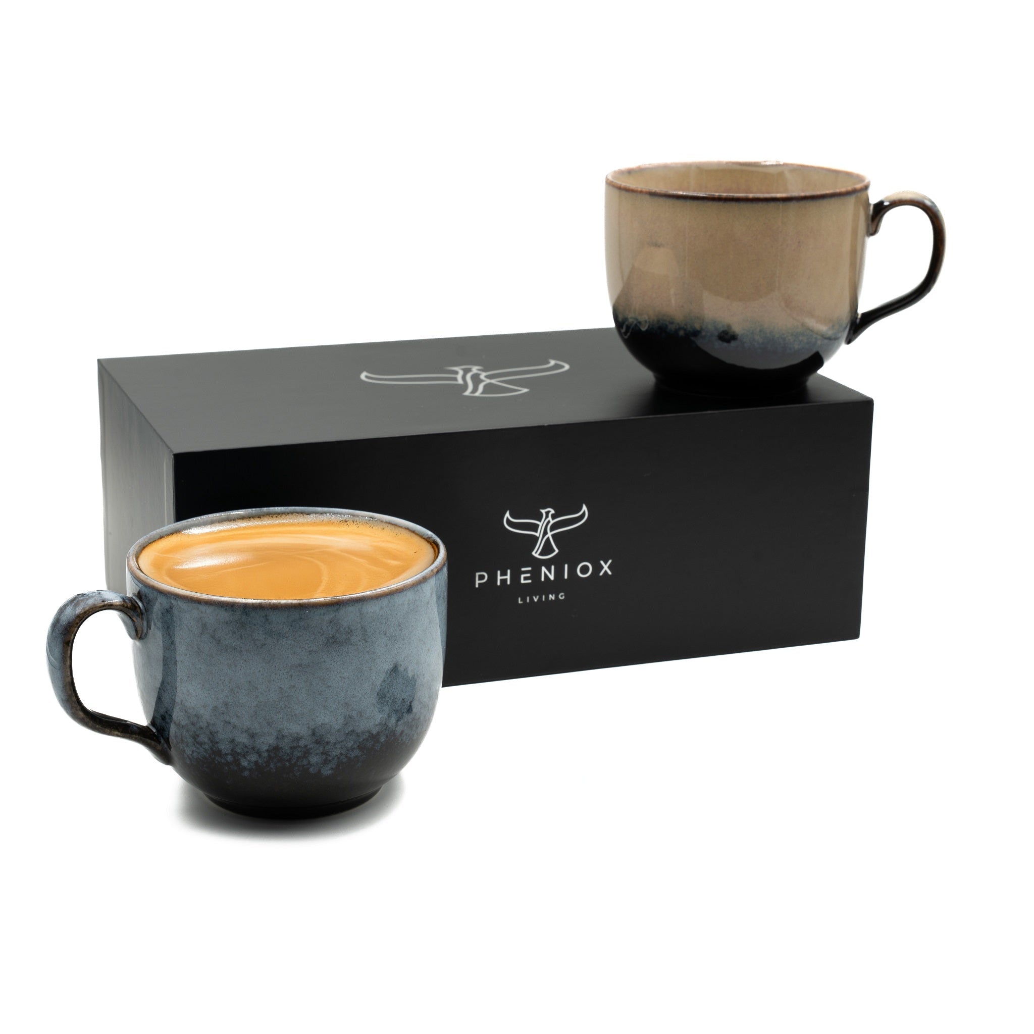 Tassen-Set Infinity XL: zwei Steinguttassen à 450 ml mit unterschiedlichen Farbverläufen und Geschenkverpackung