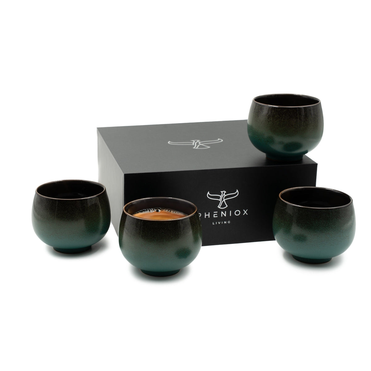 Cappuccino-Tassen-Set Jade: vier Steinguttassen à 160 ml mit schwarz-grünem Farbverlauf und Geschenkverpackung