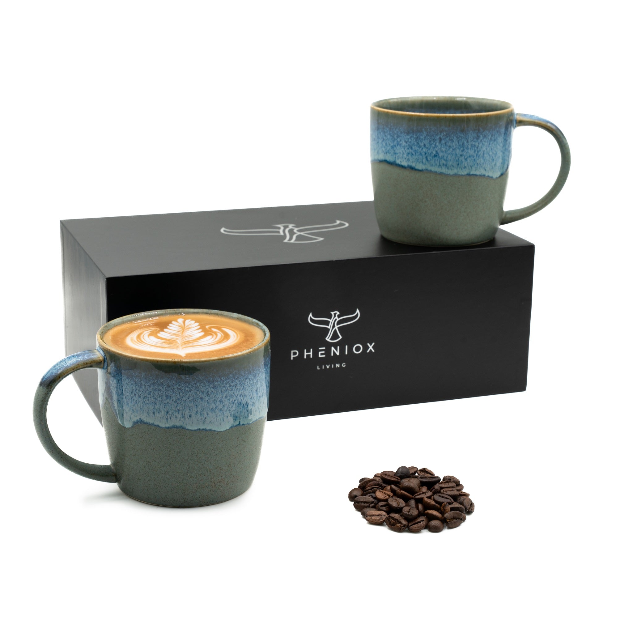 Cappuccino Tassen Set Ocean mit 2er Pack 350ml Tassen auch für Tee mit einer blau-grauen Glasur inkl. Geschenkverpackung