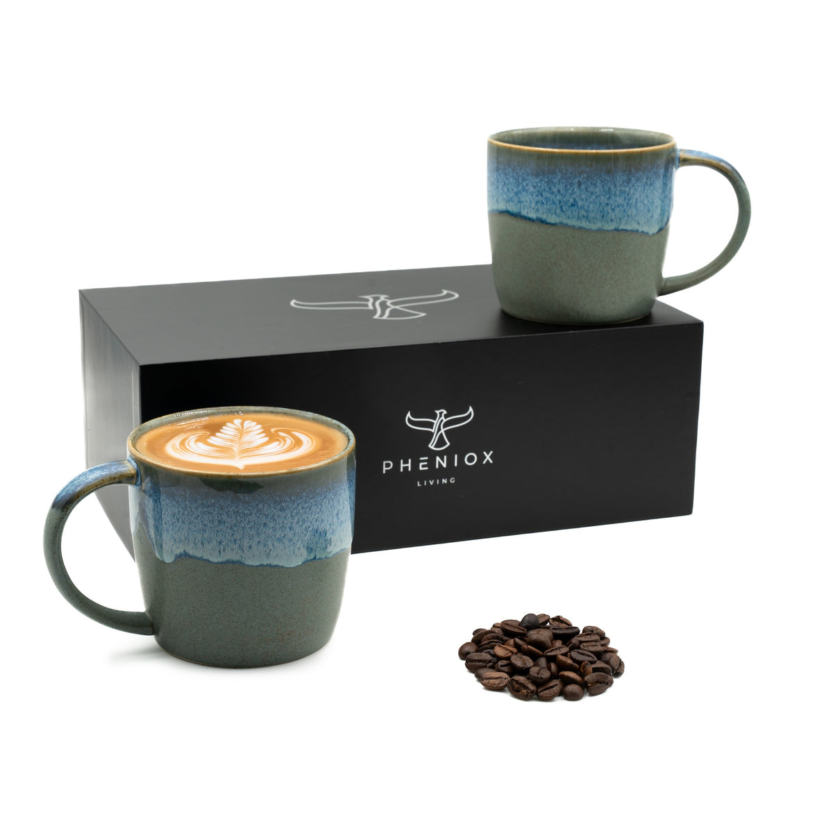 Cappuccino Tassen Set Ocean mit 2er Pack 350ml Tassen auch für Tee mit einer blau-grauen Glasur inkl. Geschenkverpackung