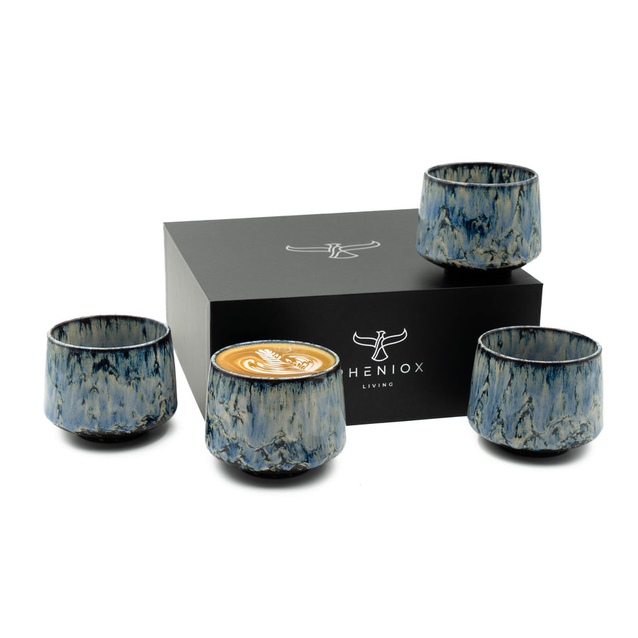 Cappuccino-Tassen-Set Tibet Blau: vier Steinguttassen à 180 ml mit Geschenkverpackung
