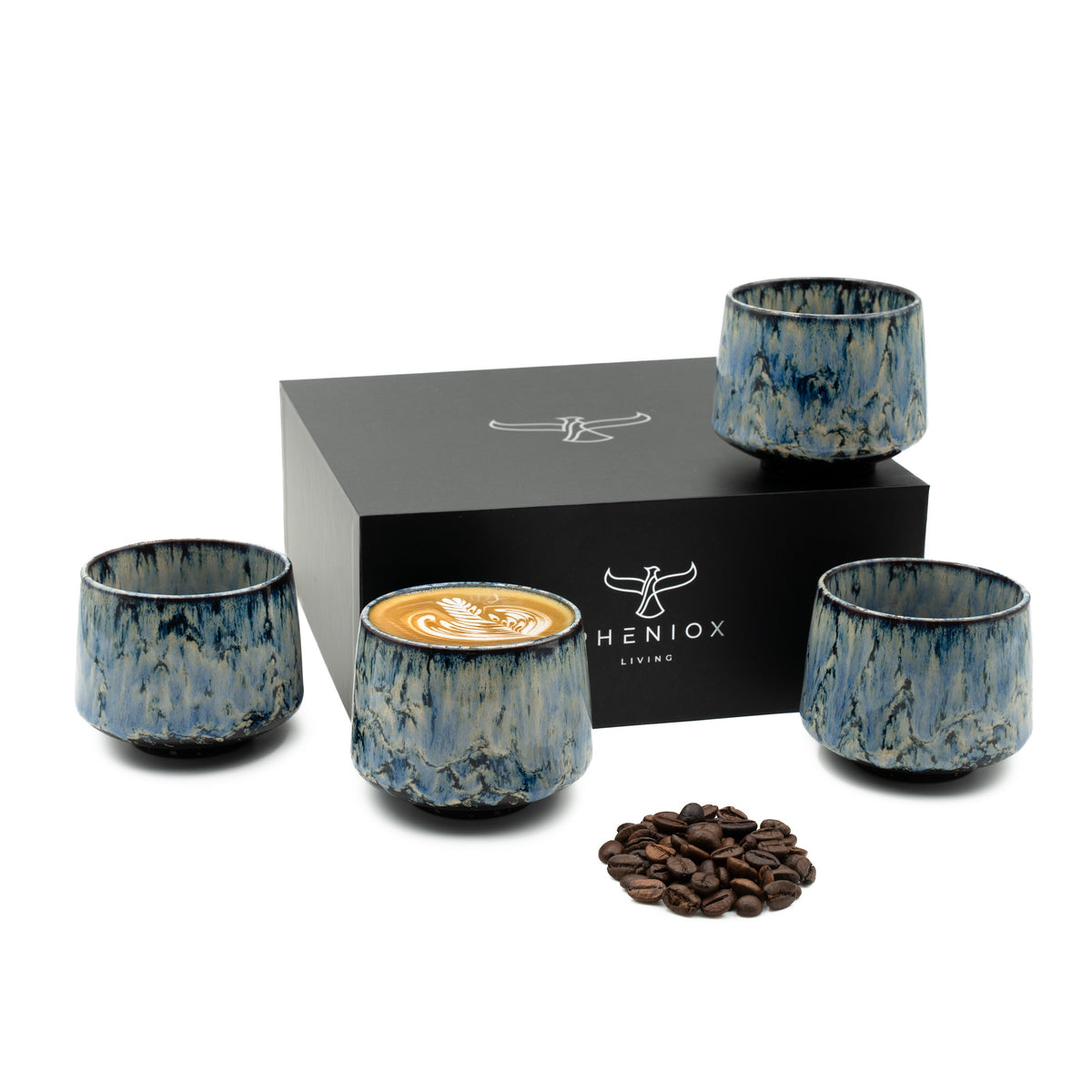 Cappuccino Tassen Set Tibet mit 4er Pack 180ml Tassen in der Farbe Blau inkl. hochwertiger Geschenkverpackung
