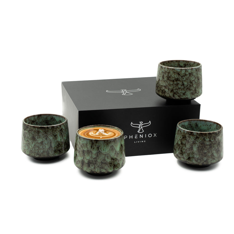 Cappuccino-Tassen-Set Tibet Grün: vier Steinguttassen à 180 ml mit Geschenkverpackung