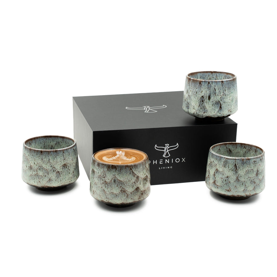 Cappuccino-Tassen-Set Tibet Misty: vier Steinguttassen à 180 ml mit Geschenkverpackung