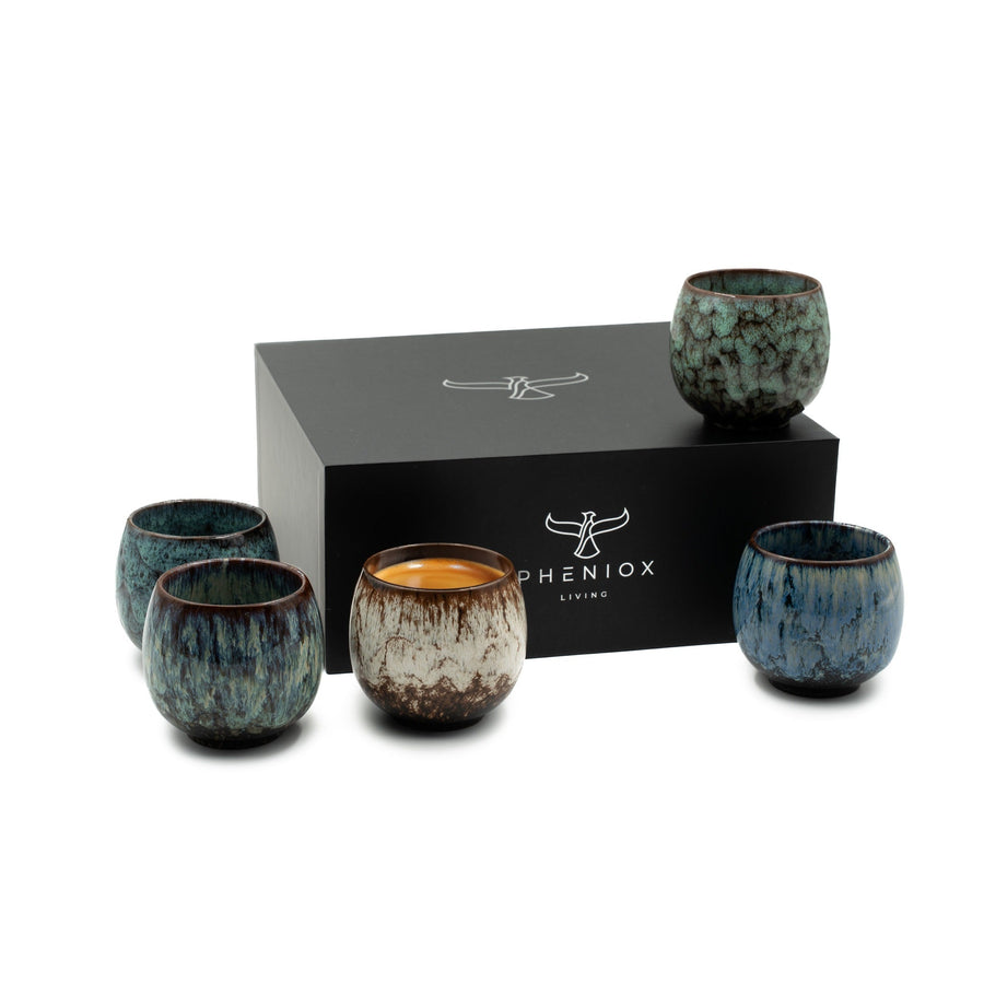 Espressotassen-Set Tibet mini: fünf Steinguttassen à 100 ml mit verschiedenen Farbverläufen und Geschenkverpackung