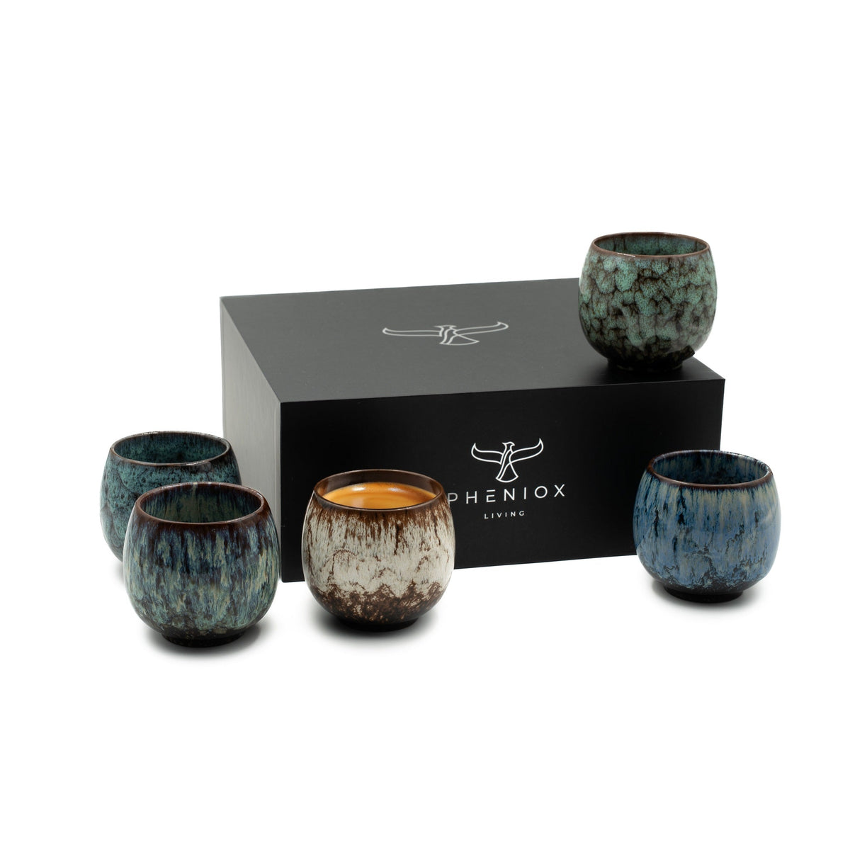 Espressotassen-Set Tibet mini: fünf Steinguttassen à 100 ml mit verschiedenen Farbverläufen und Geschenkverpackung