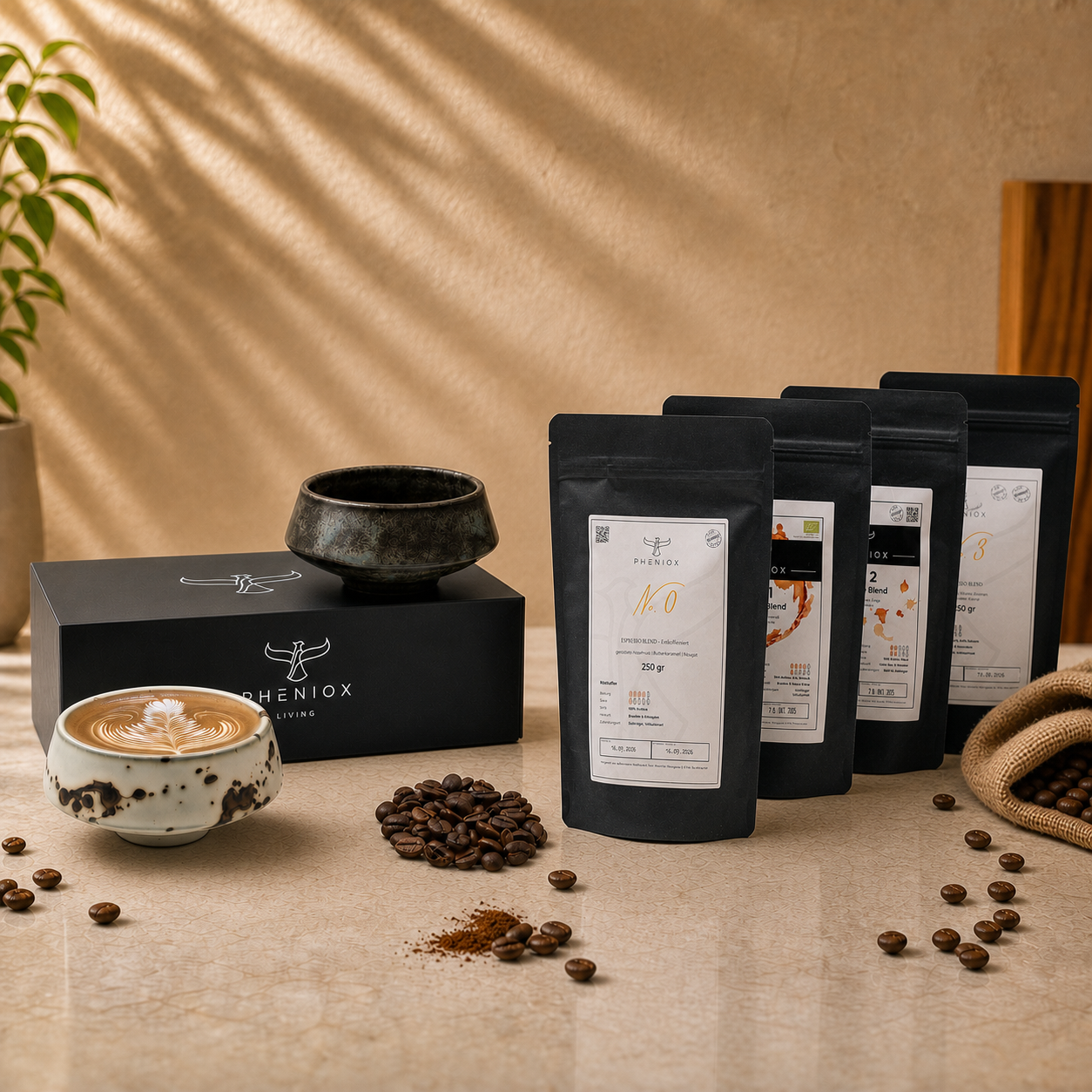 Barista Tassen Set - 2 x ca. 180 ml Cappuccino Tassen aus Steingut & 4er Kaffee Probierpaket