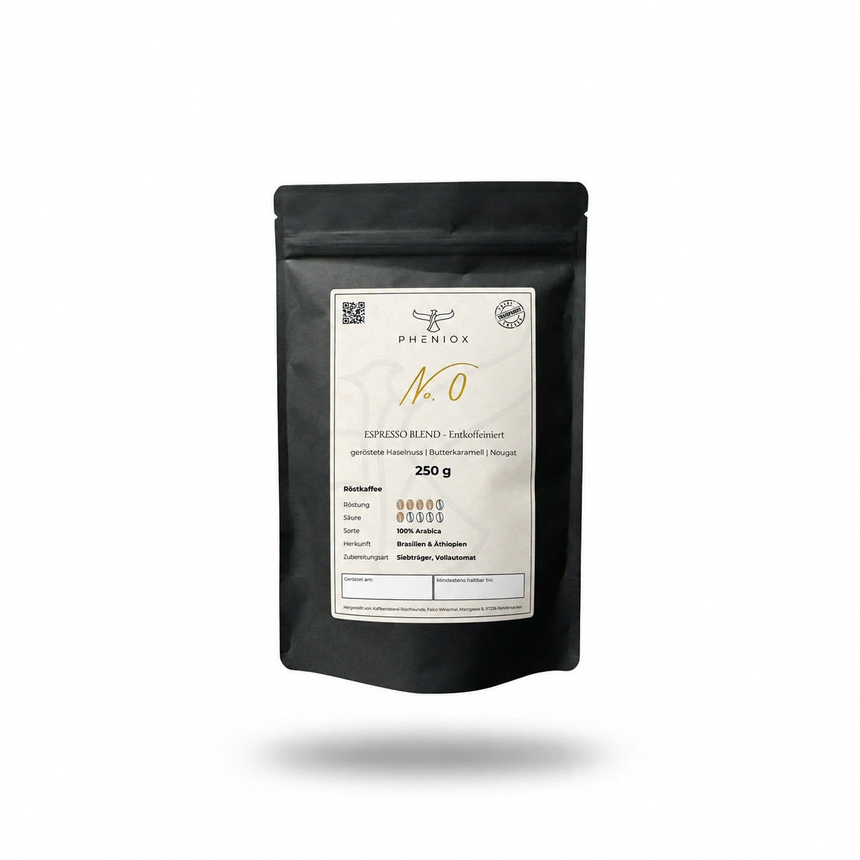 PHENIOX No. 0 entkoffeinierter Espresso, 250-g-Packung freigestellt mit weichem Schatten