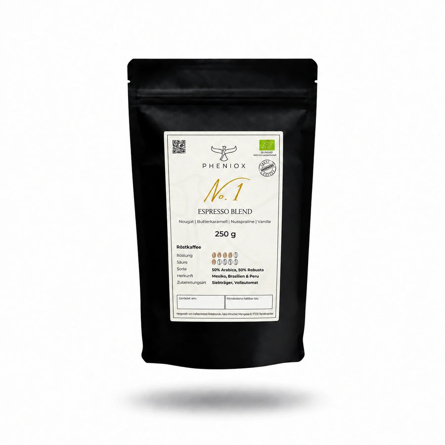 PHENIOX No. 1 Bio Espresso, 250-g-Packung mit hellem Etikett und weichem Schatten vor weißem Hintergrund