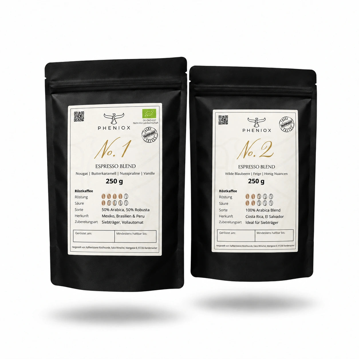 PHENIOX Espresso-Probierpaket mit No. 1 und No. 2, zwei freigestellte Packungen mit weichen Schatten