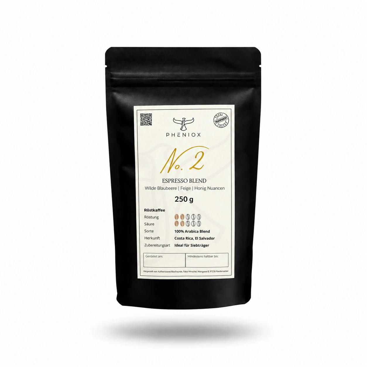 PHENIOX No. 2 Espresso, 250-g-Packung mit hellem Etikett und weichem Schatten vor weißem Hintergrund