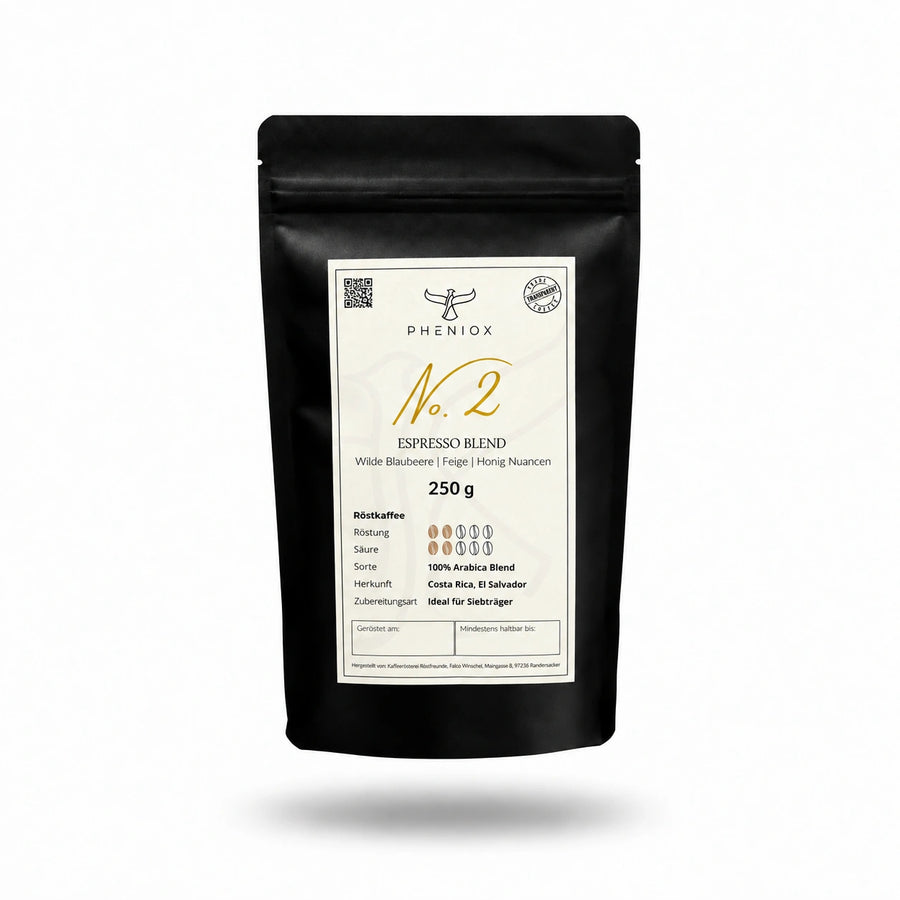 PHENIOX No. 2 Espresso, 250-g-Packung mit hellem Etikett und weichem Schatten vor weißem Hintergrund
