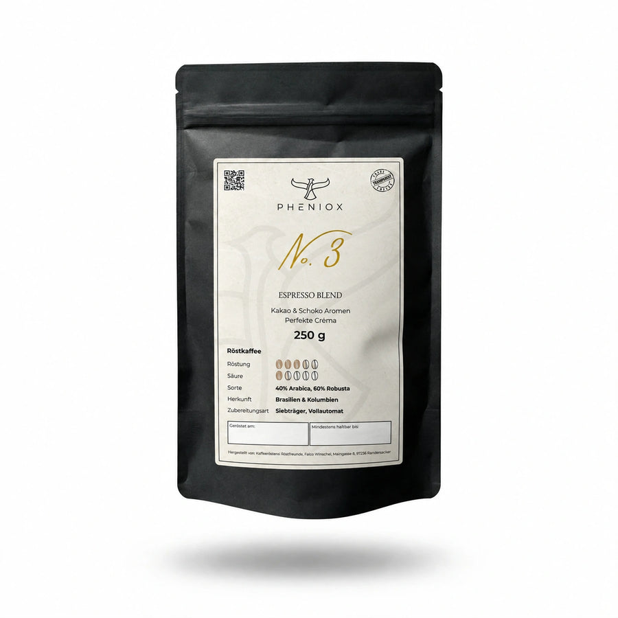 PHENIOX No. 3 Allround Espresso, 250-g-Packung freigestellt mit weichem Schatten