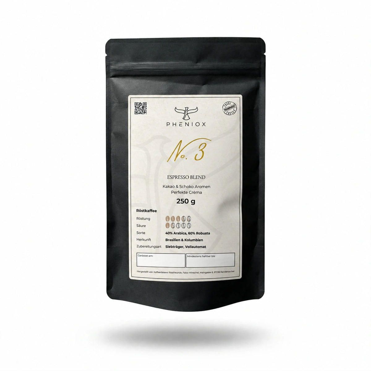 PHENIOX No. 3 Allround Espresso, 250-g-Packung freigestellt mit weichem Schatten