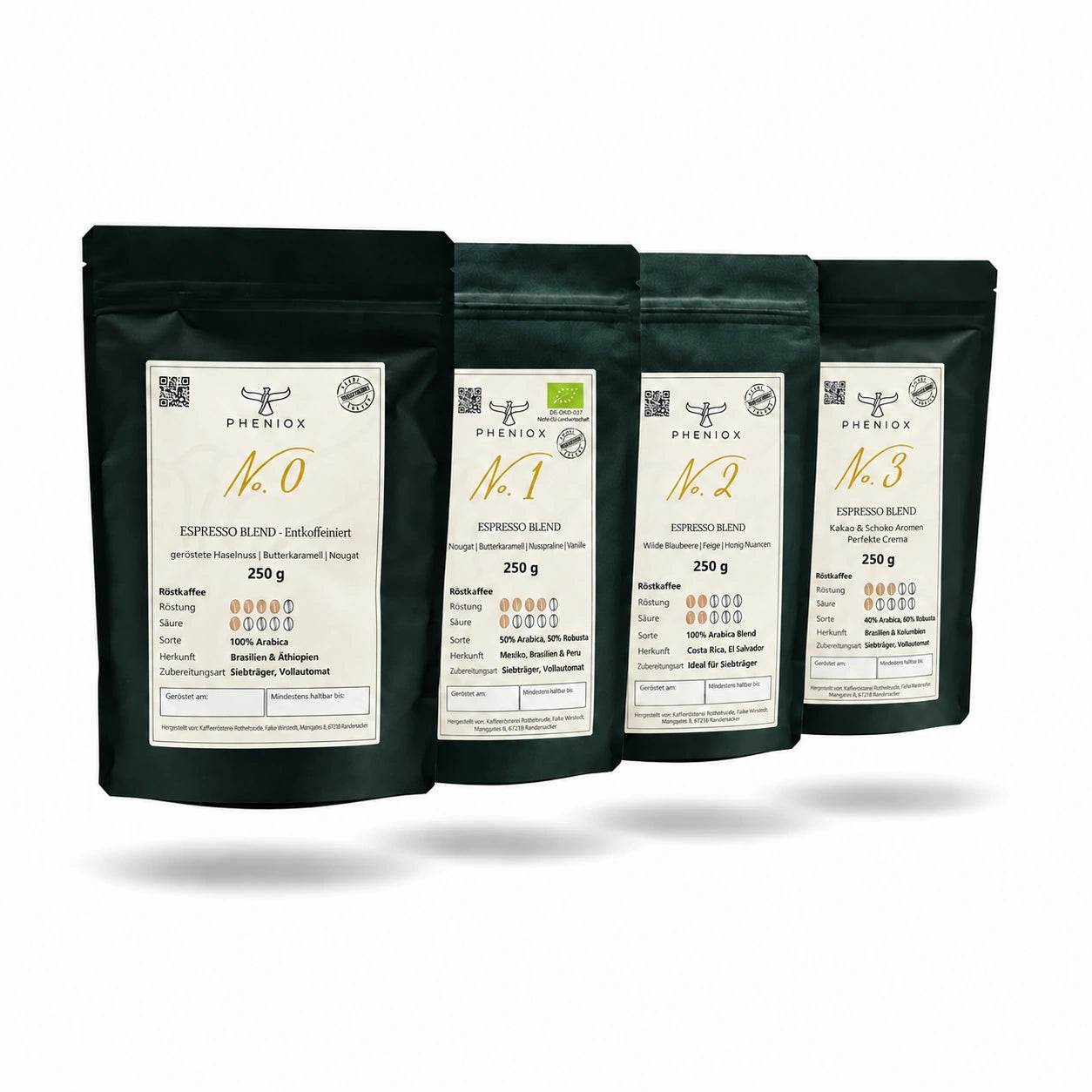 PHENIOX Vier-Sorten-Probierpaket mit No. 0, No. 1, No. 2 und No. 3, je 250 g, freigestellt mit weichen Schatten